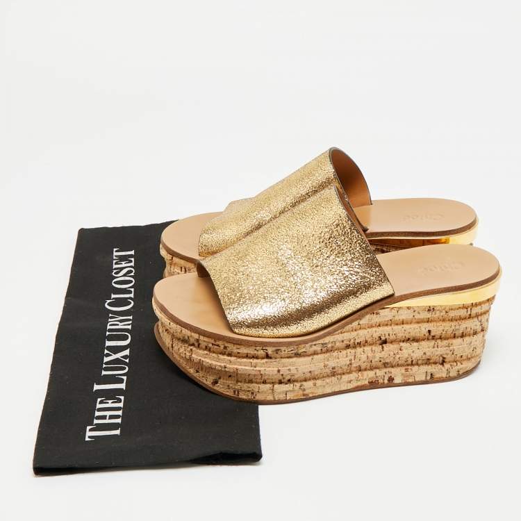 Pre Owned Chloe Size 37 Gold Foil Leather Cork Wedge Sandals