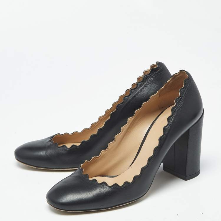 Pre Owned Chloe Lauren Scallop Size 37 Black Leather Block Heel Pumps