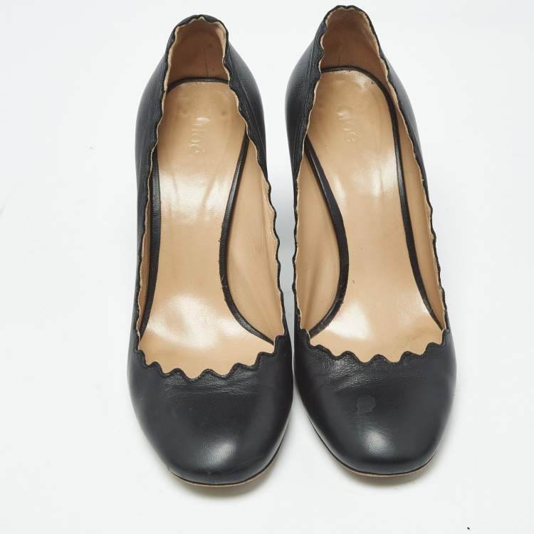 Pre Owned Chloe Lauren Scallop Size 37 Black Leather Block Heel Pumps