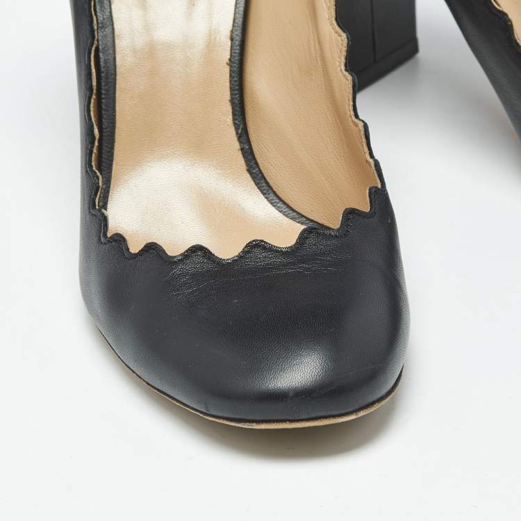 Pre Owned Chloe Lauren Scallop Size 37 Black Leather Block Heel Pumps