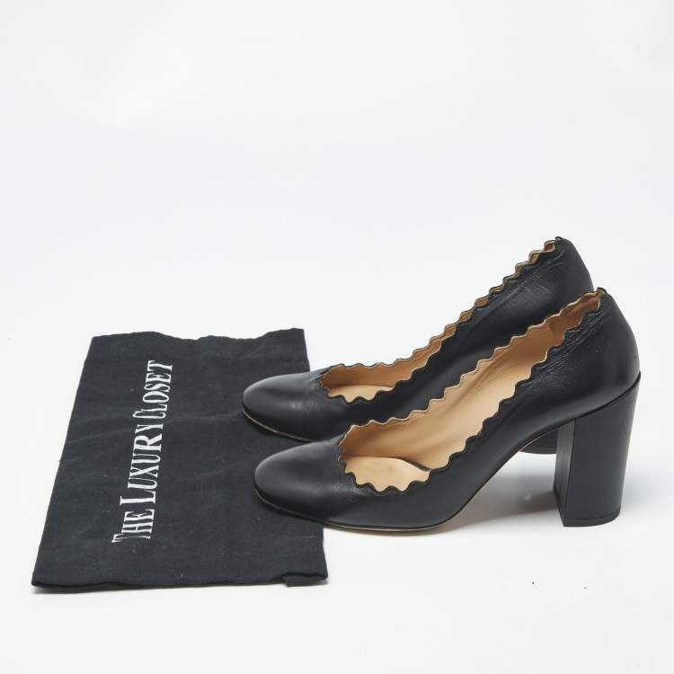Pre Owned Chloe Lauren Scallop Size 37 Black Leather Block Heel Pumps