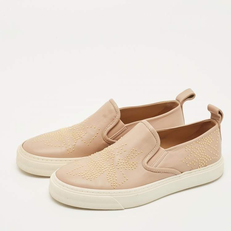 Pre Owned Chloe Susanna Size 37 Beige Leather Stud Embellished Slip On Sneakers