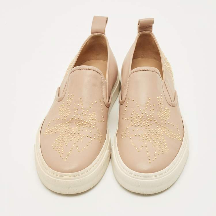Pre Owned Chloe Susanna Size 37 Beige Leather Stud Embellished Slip On Sneakers