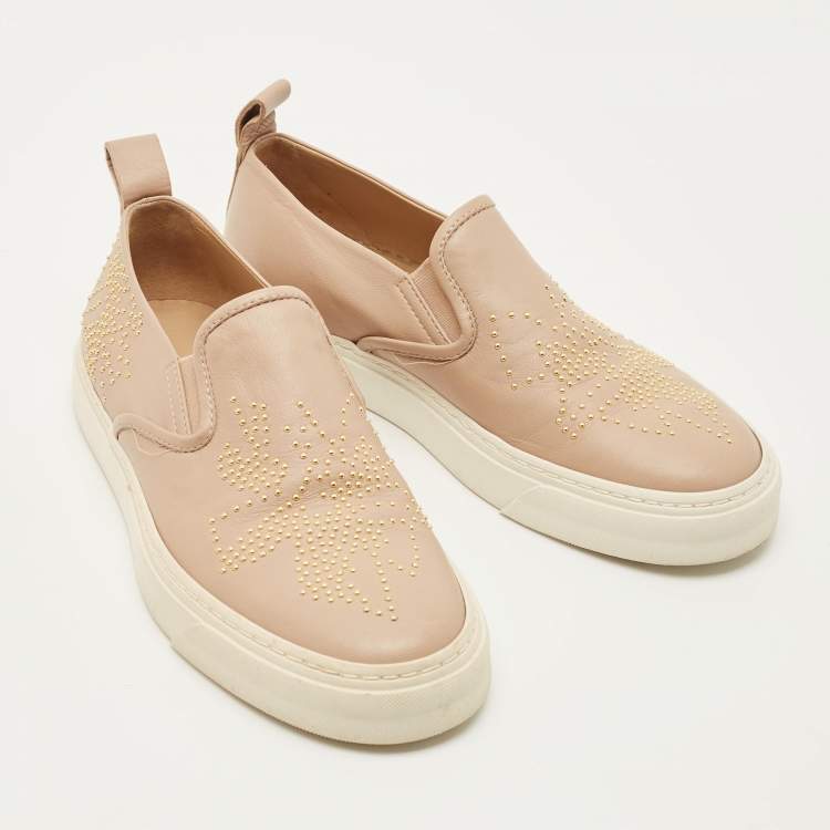 Pre Owned Chloe Susanna Size 37 Beige Leather Stud Embellished Slip On Sneakers
