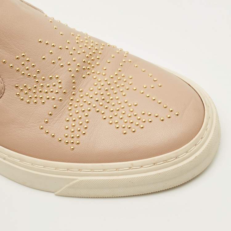 Pre Owned Chloe Susanna Size 37 Beige Leather Stud Embellished Slip On Sneakers