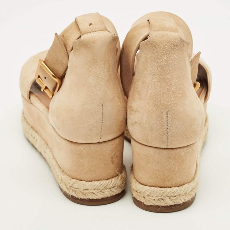 Pre Owned Chloe Size 37 Tan Scalloped Suede Wedge Sandals