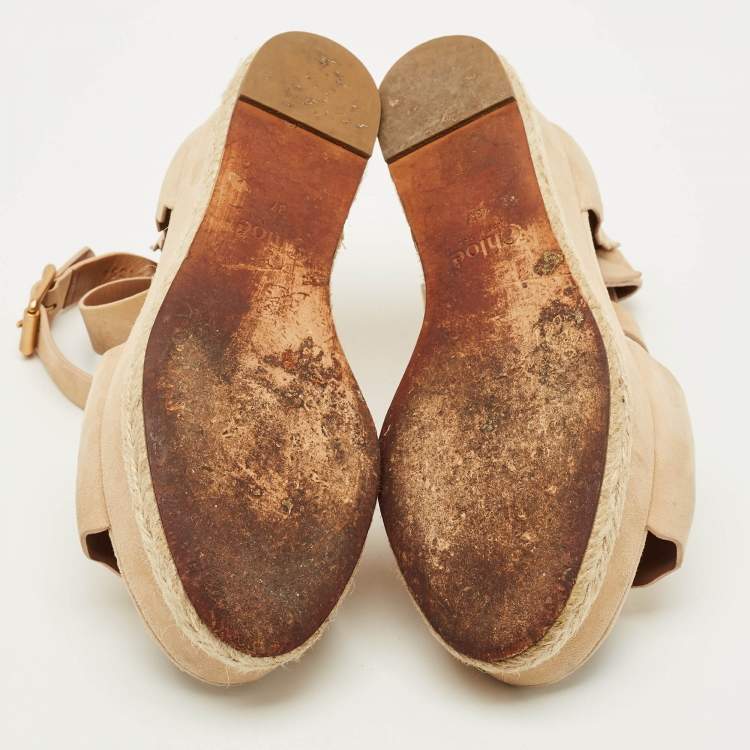 Pre Owned Chloe Size 37 Tan Scalloped Suede Wedge Sandals