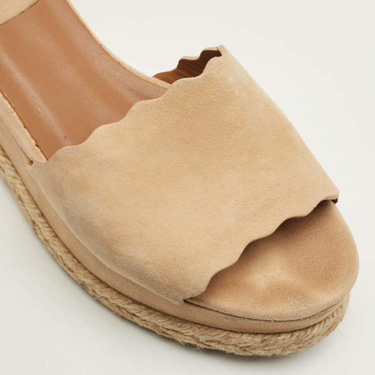 Pre Owned Chloe Size 37 Tan Scalloped Suede Wedge Sandals