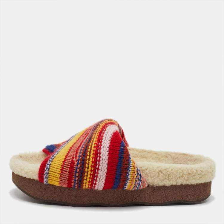 Pre Owned Chloe Wavy Size 39 Multicolor Wool Shearling Platform Slide Sandals