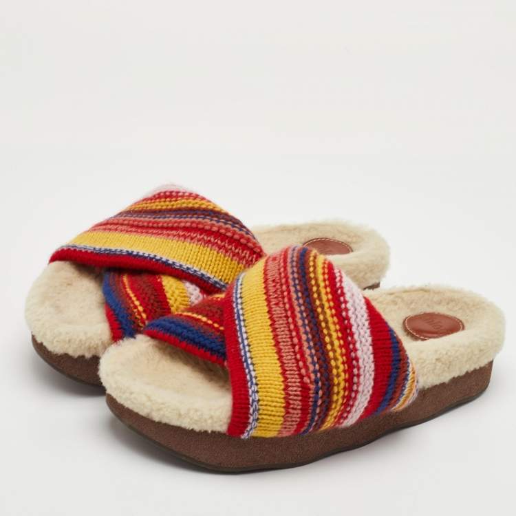 Pre Owned Chloe Wavy Size 39 Multicolor Wool Shearling Platform Slide Sandals