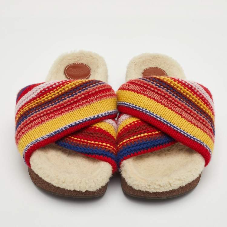 Pre Owned Chloe Wavy Size 39 Multicolor Wool Shearling Platform Slide Sandals