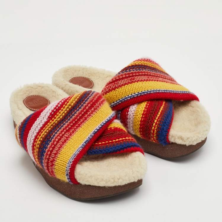 Pre Owned Chloe Wavy Size 39 Multicolor Wool Shearling Platform Slide Sandals