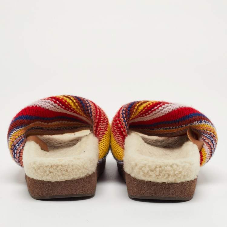 Pre Owned Chloe Wavy Size 39 Multicolor Wool Shearling Platform Slide Sandals