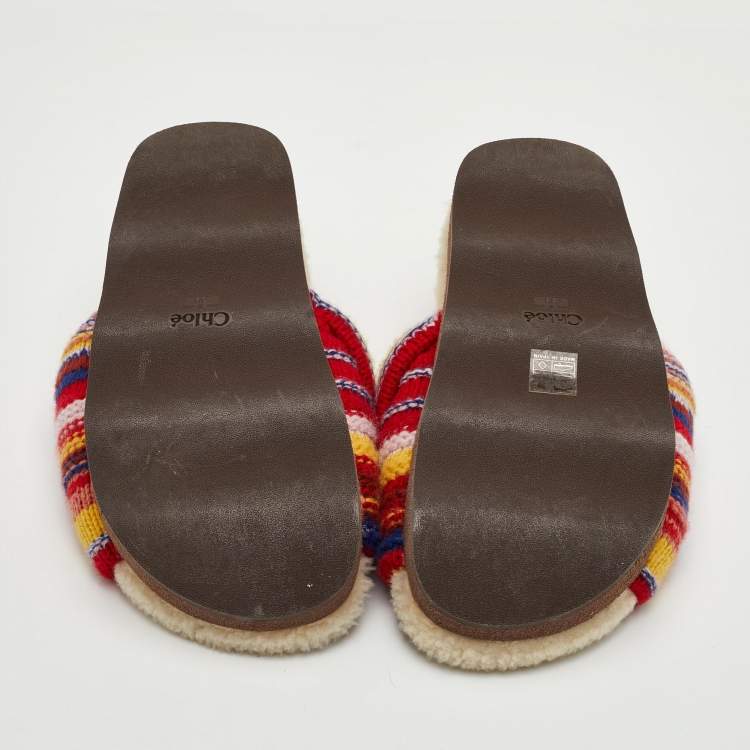 Pre Owned Chloe Wavy Size 39 Multicolor Wool Shearling Platform Slide Sandals
