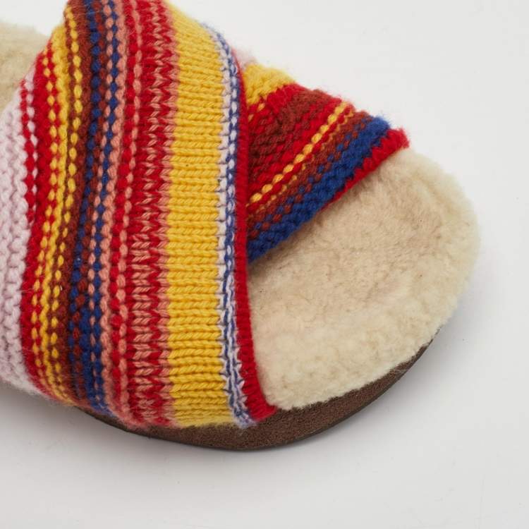 Pre Owned Chloe Wavy Size 39 Multicolor Wool Shearling Platform Slide Sandals