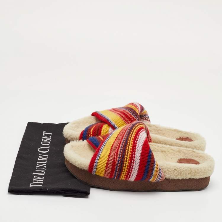 Pre Owned Chloe Wavy Size 39 Multicolor Wool Shearling Platform Slide Sandals