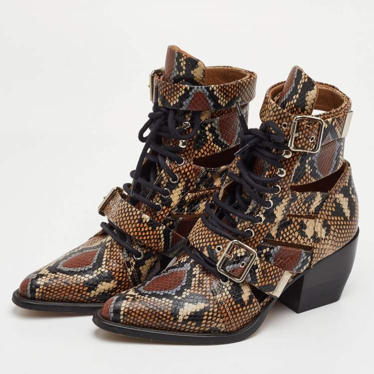 Pre Owned Chloe Rylee Size 38.5 Brown/Black Python Embossed Leather Ankle Length Boots