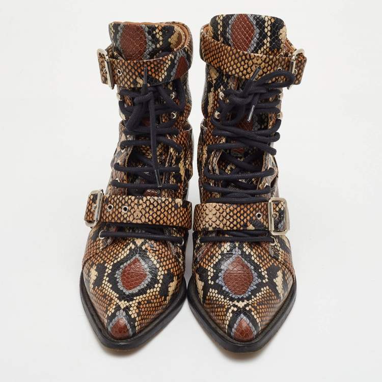 Pre Owned Chloe Rylee Size 38.5 Brown/Black Python Embossed Leather Ankle Length Boots