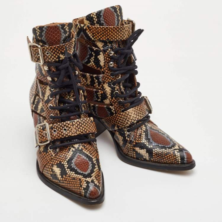 Pre Owned Chloe Rylee Size 38.5 Brown/Black Python Embossed Leather Ankle Length Boots