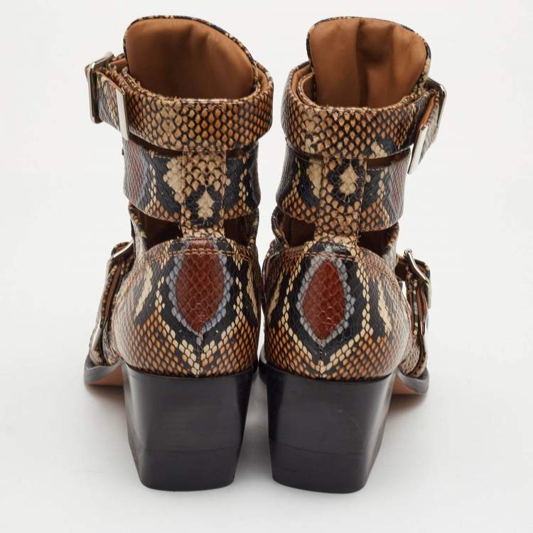 Pre Owned Chloe Rylee Size 38.5 Brown/Black Python Embossed Leather Ankle Length Boots