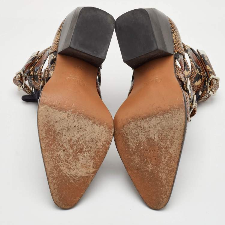 Pre Owned Chloe Rylee Size 38.5 Brown/Black Python Embossed Leather Ankle Length Boots