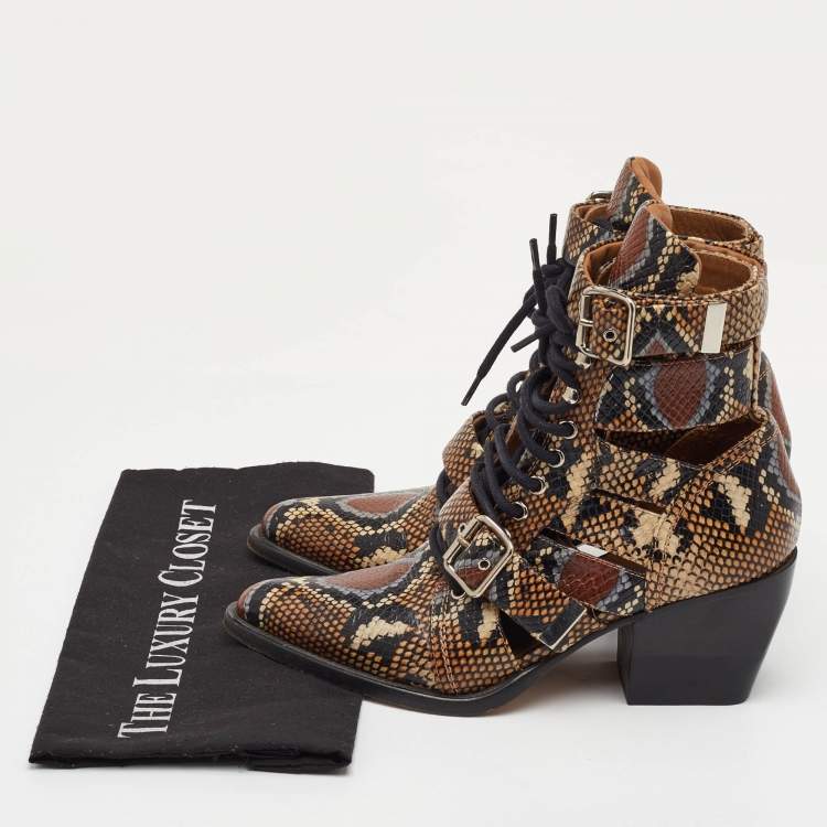 Pre Owned Chloe Rylee Size 38.5 Brown/Black Python Embossed Leather Ankle Length Boots