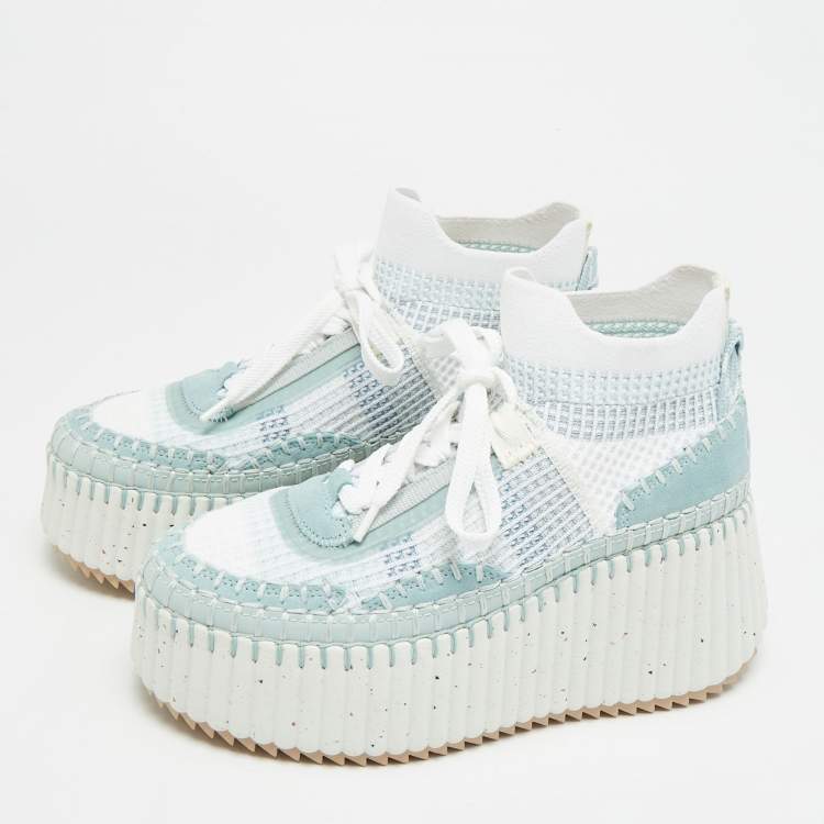 Pre Owned Chloe Nama Size 36 Blue/White Knit Fabric and Suede Wedge Sneakers