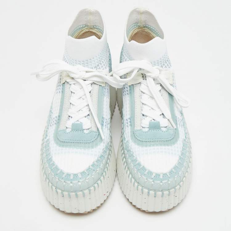Pre Owned Chloe Nama Size 36 Blue/White Knit Fabric and Suede Wedge Sneakers