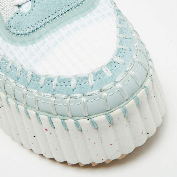 Pre Owned Chloe Nama Size 36 Blue/White Knit Fabric and Suede Wedge Sneakers