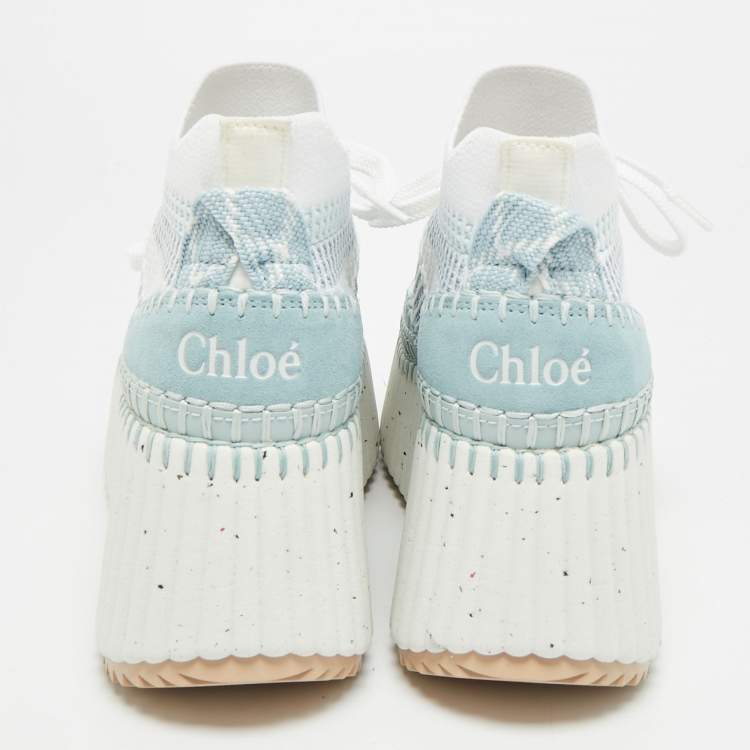 Pre Owned Chloe Nama Size 36 Blue/White Knit Fabric and Suede Wedge Sneakers