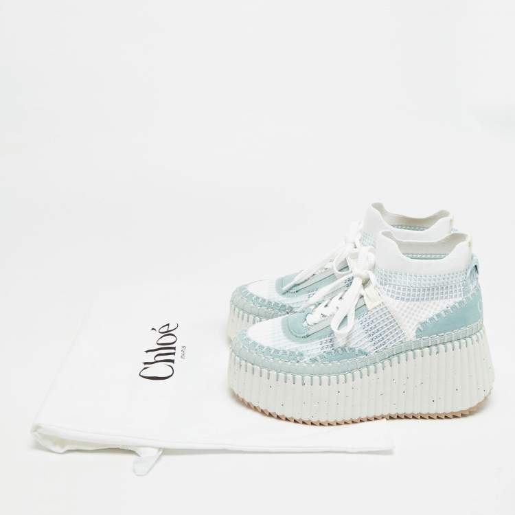 Pre Owned Chloe Nama Size 36 Blue/White Knit Fabric and Suede Wedge Sneakers