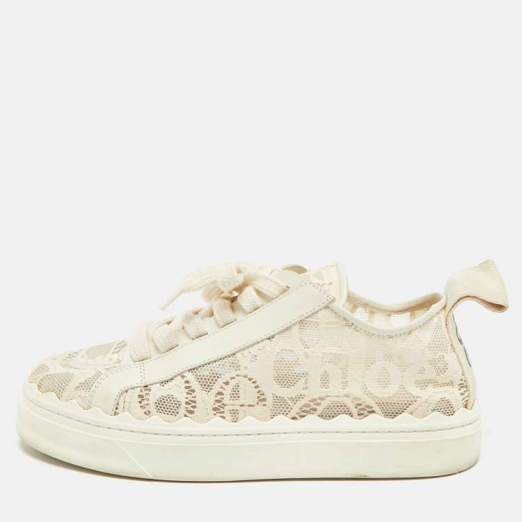 Pre Owned Chloe Lauren Size 39 Cream Lace and Leather Low Top Sneakers