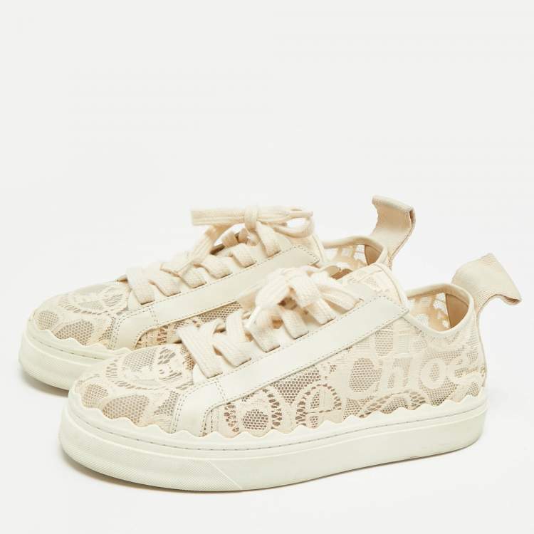 Pre Owned Chloe Lauren Size 39 Cream Lace and Leather Low Top Sneakers