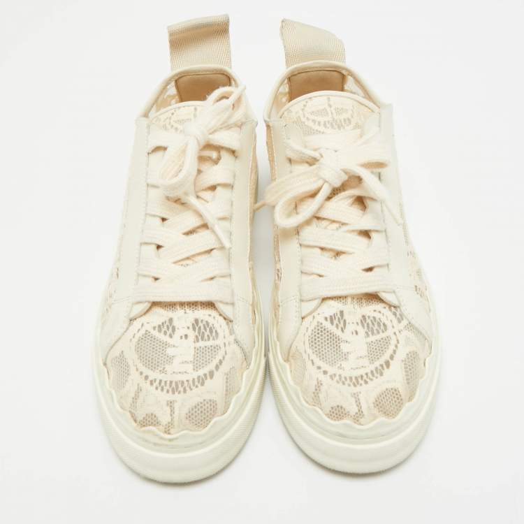 Pre Owned Chloe Lauren Size 39 Cream Lace and Leather Low Top Sneakers