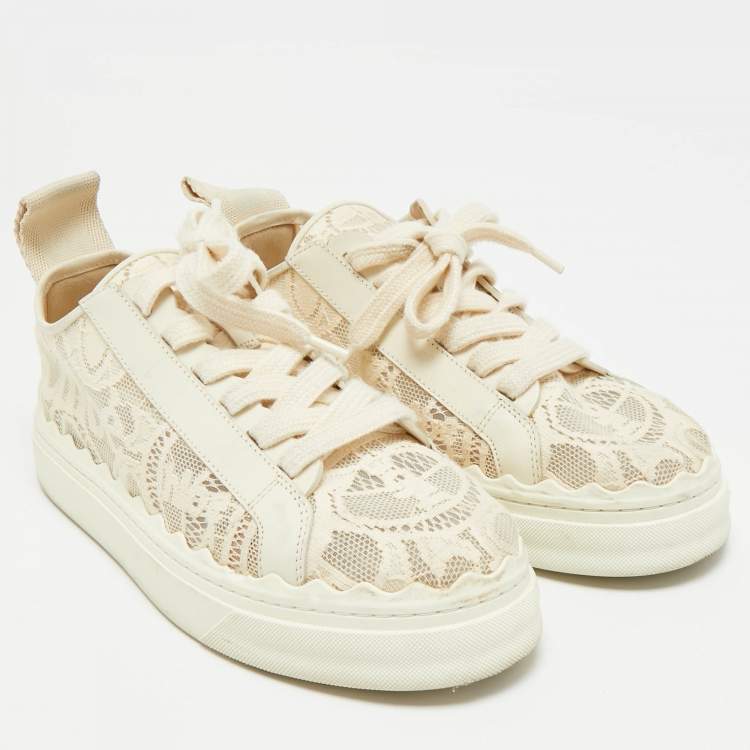 Pre Owned Chloe Lauren Size 39 Cream Lace and Leather Low Top Sneakers