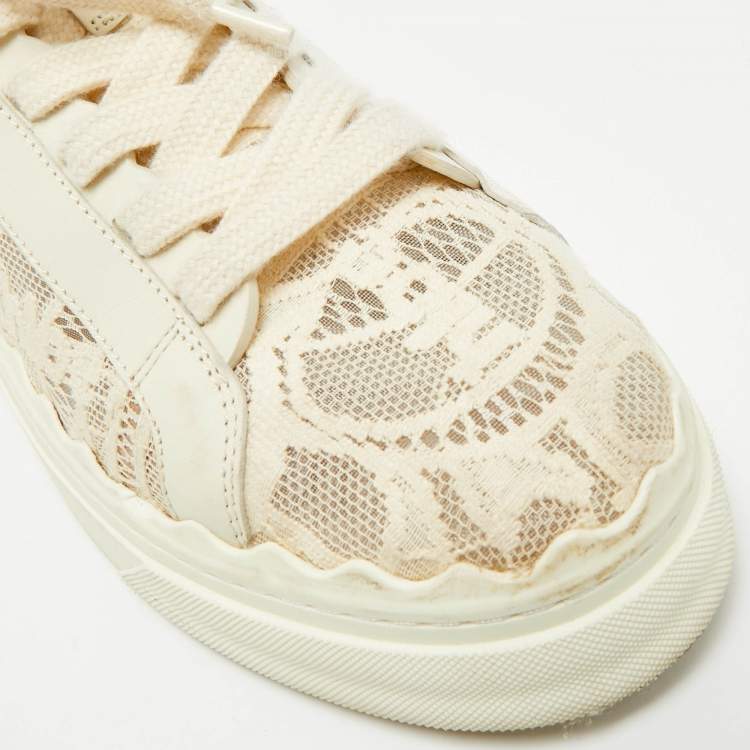 Pre Owned Chloe Lauren Size 39 Cream Lace and Leather Low Top Sneakers