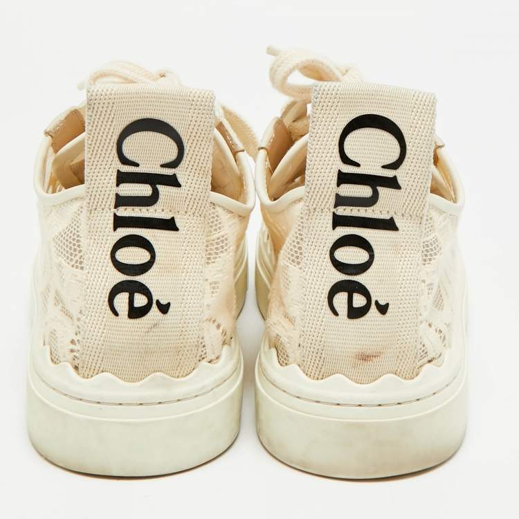 Pre Owned Chloe Lauren Size 39 Cream Lace and Leather Low Top Sneakers