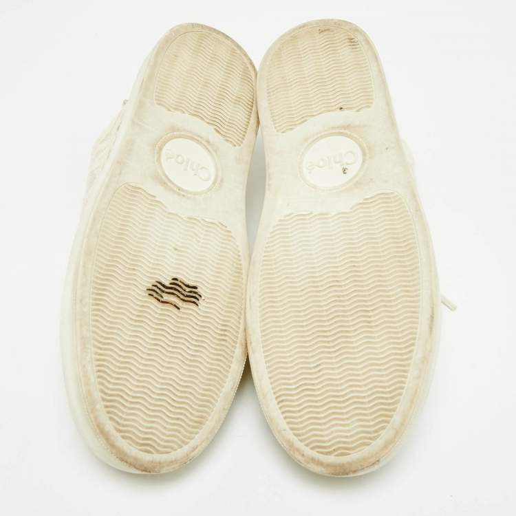 Pre Owned Chloe Lauren Size 39 Cream Lace and Leather Low Top Sneakers