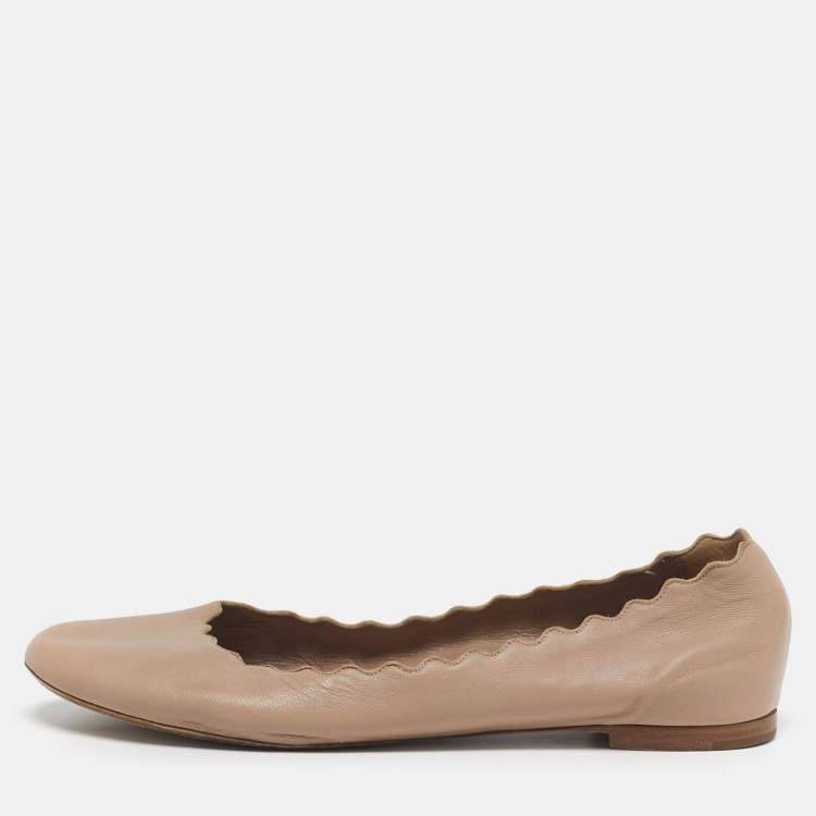 Pre Owned Chloe Lauren Scalloped Size 38.5 Beige Leather Ballet Flats