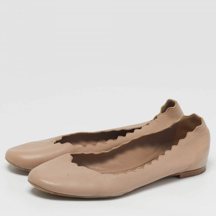 Pre Owned Chloe Lauren Scalloped Size 38.5 Beige Leather Ballet Flats