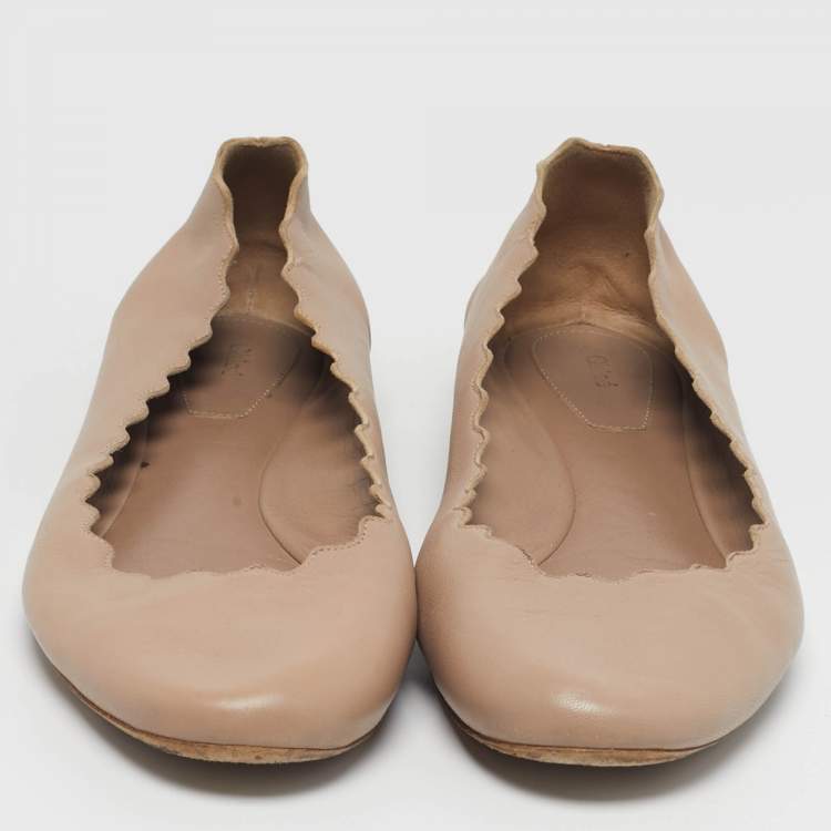 Pre Owned Chloe Lauren Scalloped Size 38.5 Beige Leather Ballet Flats