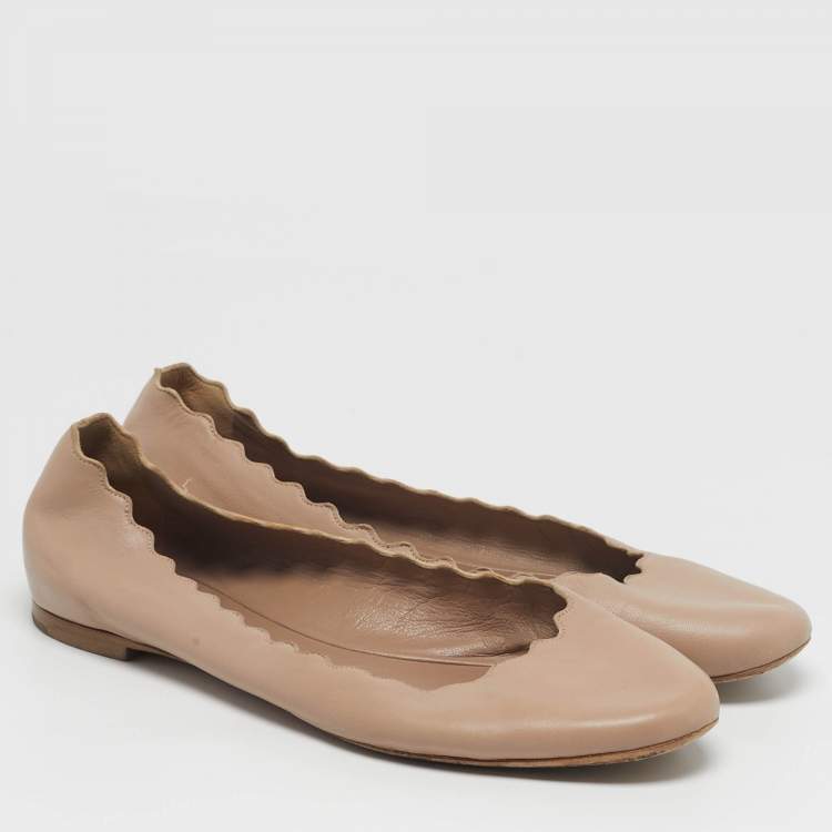 Pre Owned Chloe Lauren Scalloped Size 38.5 Beige Leather Ballet Flats