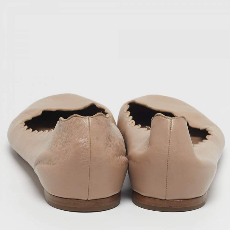 Pre Owned Chloe Lauren Scalloped Size 38.5 Beige Leather Ballet Flats