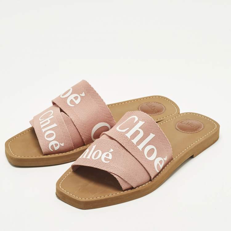 Pre Owned Chloe Woody Size 39 Pink Canvas Flat Slides 