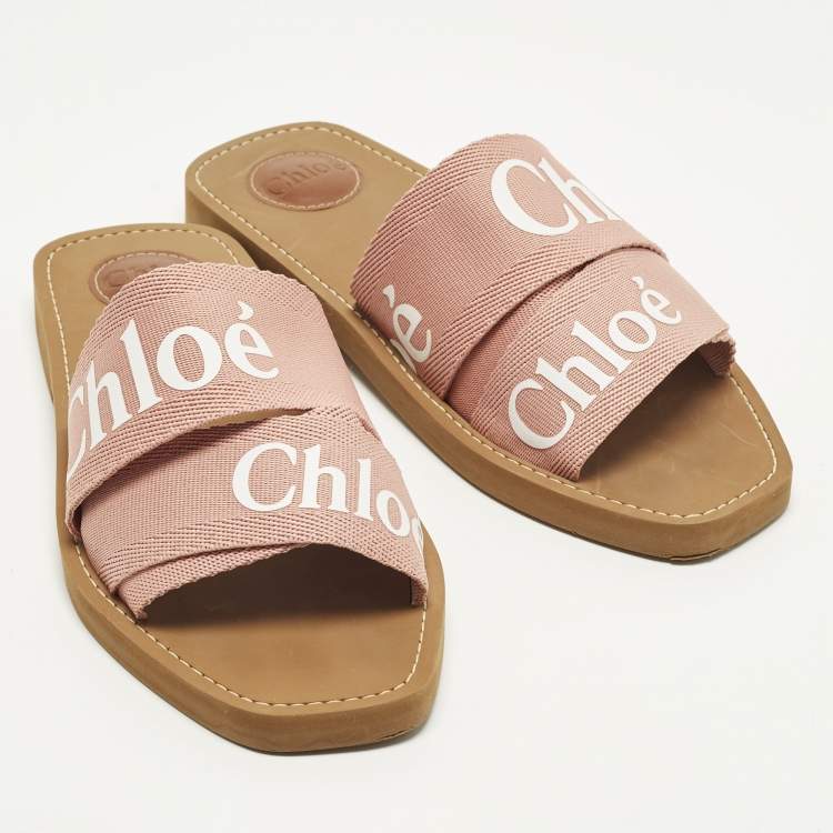 Pre Owned Chloe Woody Size 39 Pink Canvas Flat Slides 