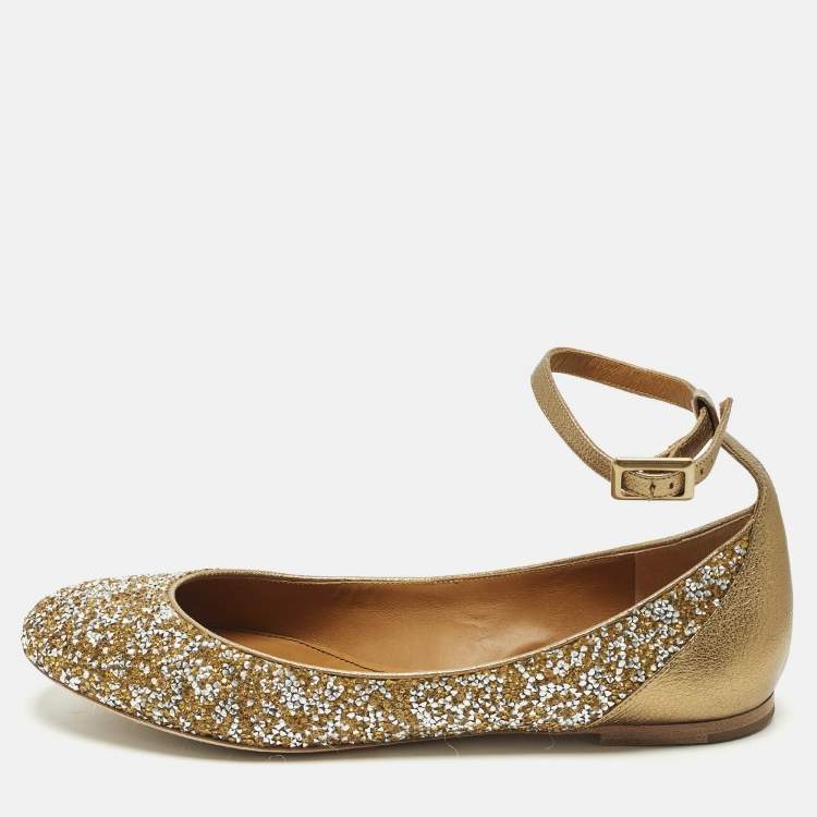 Pre Owned Chloe Size 40 Gold/Silver Glitter and Leather Ankle Strap Ballet Flats