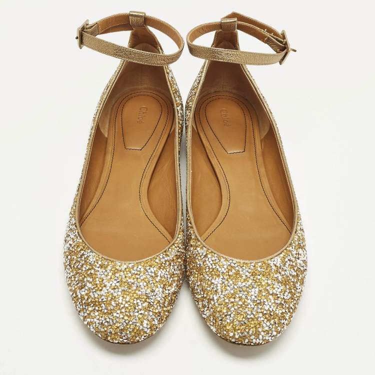 Pre Owned Chloe Size 40 Gold/Silver Glitter and Leather Ankle Strap Ballet Flats