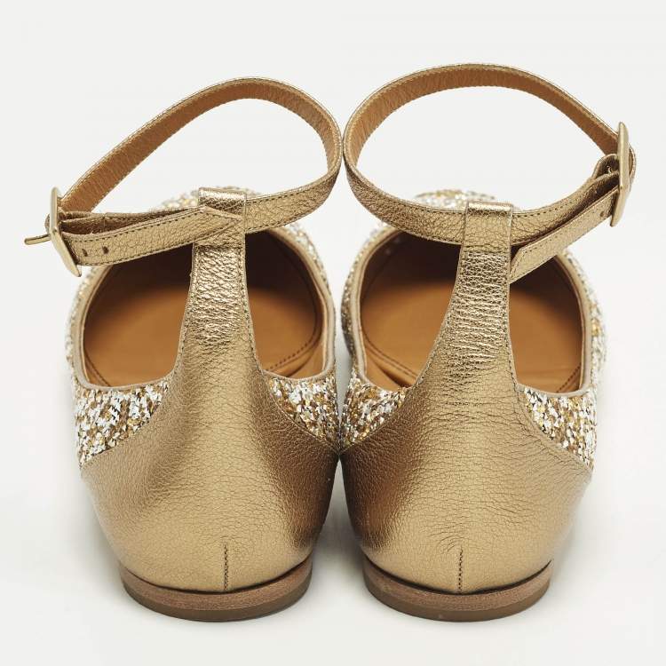 Pre Owned Chloe Size 40 Gold/Silver Glitter and Leather Ankle Strap Ballet Flats