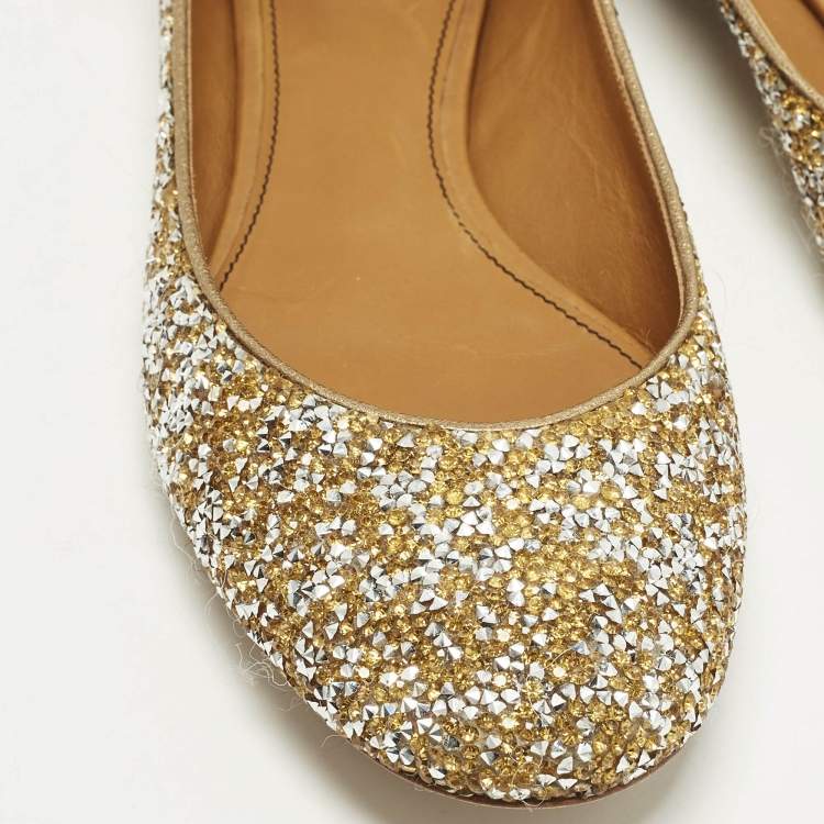 Pre Owned Chloe Size 40 Gold/Silver Glitter and Leather Ankle Strap Ballet Flats