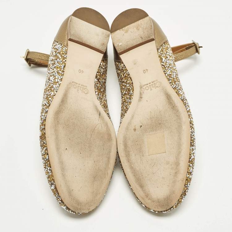 Pre Owned Chloe Size 40 Gold/Silver Glitter and Leather Ankle Strap Ballet Flats